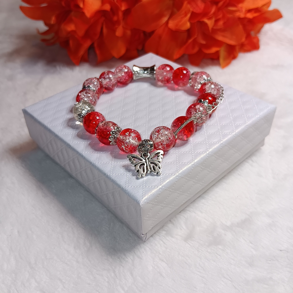 Elegant Red and Silver Beaded Bracelet with Butterfly Charm